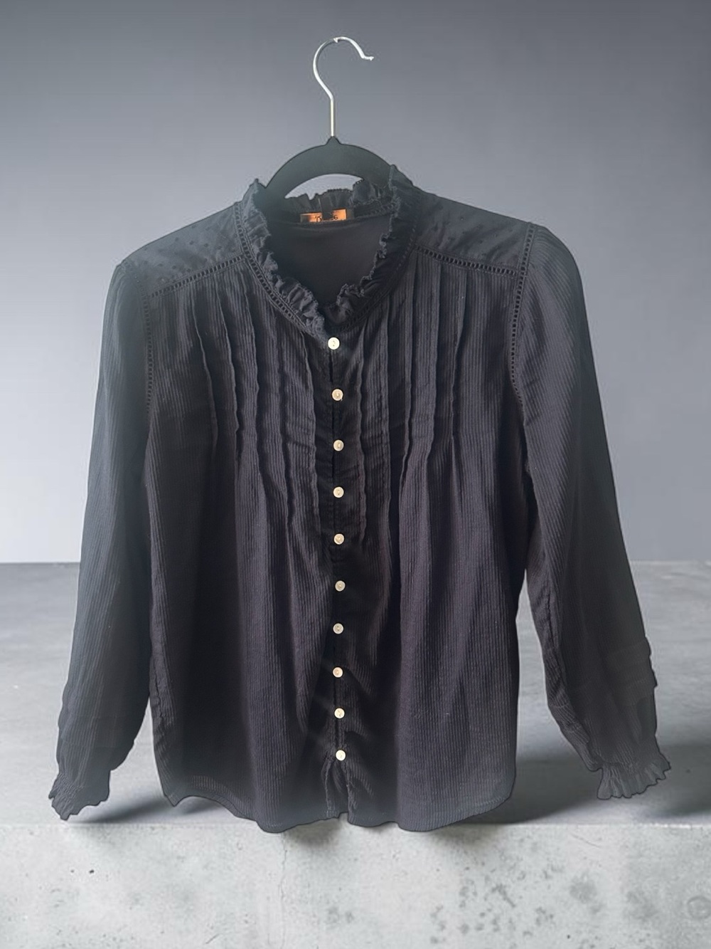 Quince Navy Blue 100% Cotton Ruffle Neck Pintuck Blouse Size Small Small